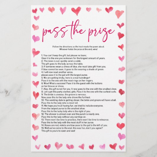 Hearts Pass The Prize Bridal Shower Game  Briefpapier (Vorderseite)