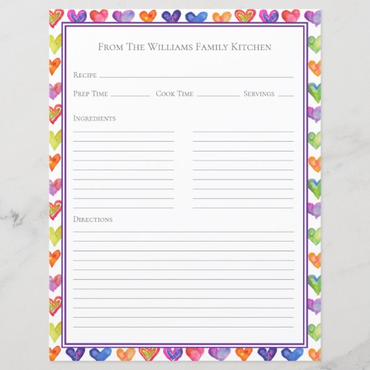 Hearts Rainbow White Recipe Paper Sheet (Vorderseite)