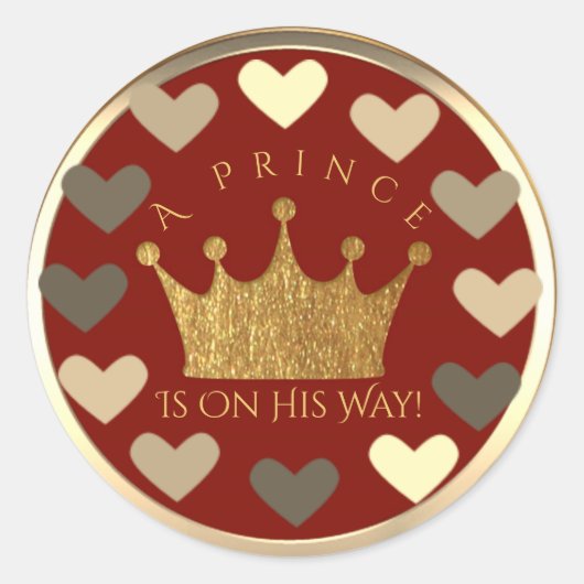Hearts Red Gold Crown Prince Baby Shower Gevor Runder Aufkleber (Vorderseite)