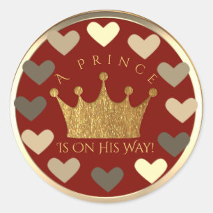 Hearts Red Gold Crown Prince Baby Shower Gevor Runder Aufkleber