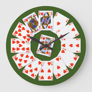 Hearts Suit Playing Cards On Green Background Große Wanduhr