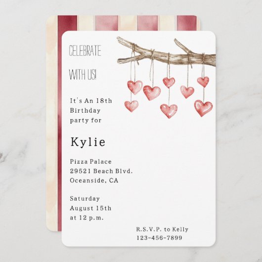 Hearts Tree Branch Birthday Einladung (Vorne/Hinten)