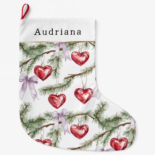 Hearts Trees Red Purple Bows Christmas Großer Weihnachtsstrumpf (Vorderseite)