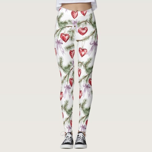 Hearts Trees Red Purple Bows Christmas Leggings (Vorderseite)