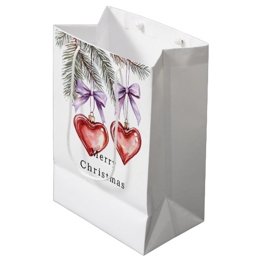 Hearts Trees Red Purple Bows Christmas Mittlere Geschenktüte (Vorderseite Schrägansicht)