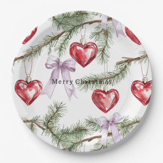 Hearts Trees Red Purple Bows Christmas Pappteller (Vorderseite)