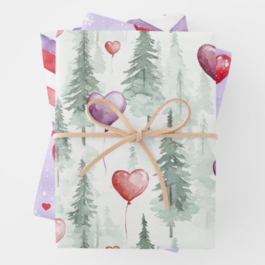 Hearts Trees Snowflakes Red Purple Christmas Geschenkpapier Set (Beispiel)