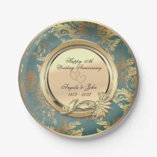 Hearts Vintag Damask 50. Hochzeitstag Pappteller