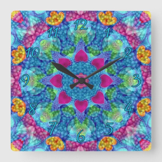 Hearts Violet & Blue  Vintage Fractal Kaleidoscope Quadratische Wanduhr (Vorderseite)