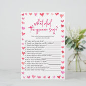 Hearts What Did The Groom Say? Bridal Shower Game  Briefpapier (Stehend Vorderseite)