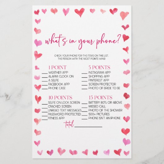 Hearts What's In Your Phone? Bridal Shower Game  Briefpapier (Vorderseite)