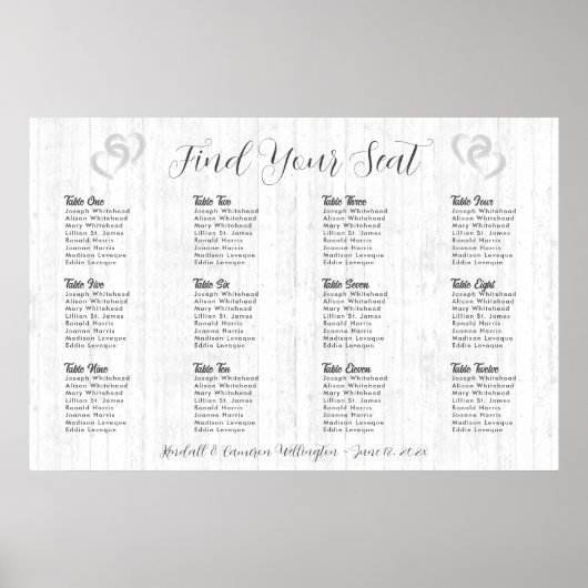 Hearts Wood Rustic Wedding Seating Chart Poster (Vorne)