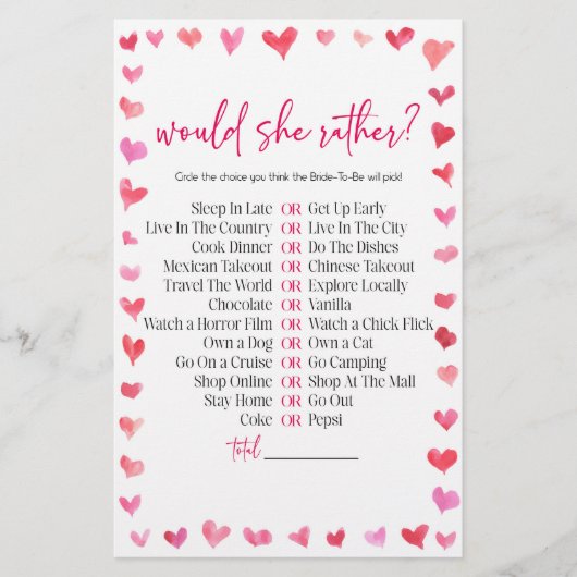 Hearts Would She Rather? Bridal Shower Game  Briefpapier (Vorderseite)