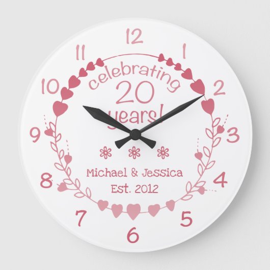 Hearts zum 20. Geburtstag Große Wanduhr (Vorderseite)