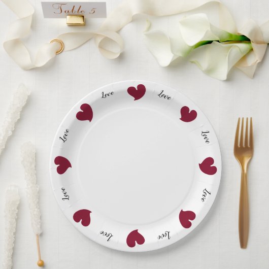 Hearty Hearts Burgundy - Custom Text Pappteller (Hochzeit)
