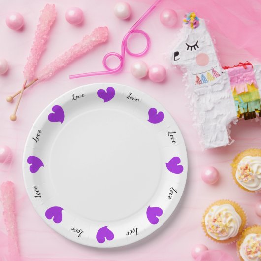 Hearty Hearts Purple - Custom Text Paper Plates Pappteller (Party)