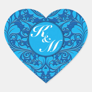 Hearty Party Cobalt Blue und Türkis Damask Herz Herz-Aufkleber