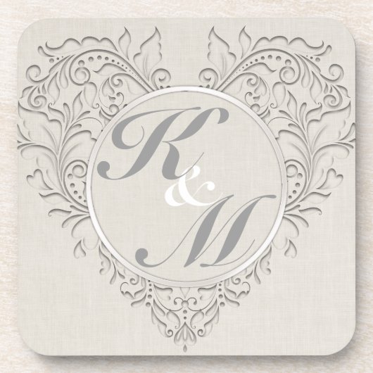 HeartyChic Natural Linen Damask Herz Untersetzer (Vorderseite)
