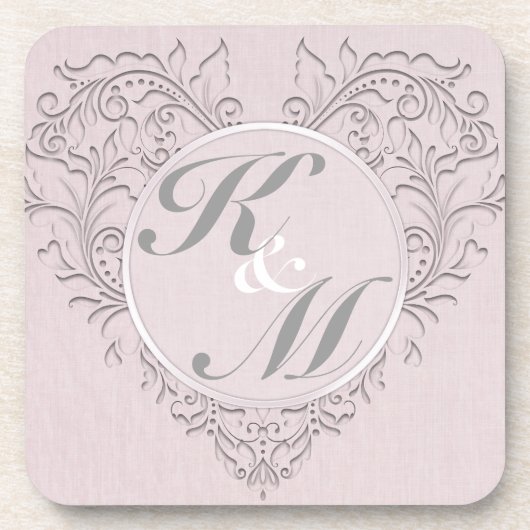 HeartyChic Pink Linen Damask Herz Untersetzer (Vorderseite)
