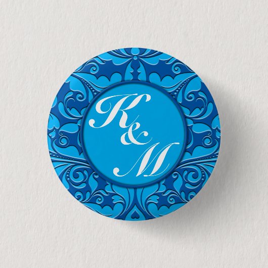 HeartyParty Cobalt Blue & Turquoise Damask Herz Button (Vorderseite)