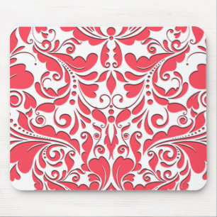 HeartyParty Himbeere Rot & Weiße Damast Herz Mousepad