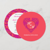 HeartyParty Himbeere und Magenta Damask Herz Einladung (Vorne/Hinten)