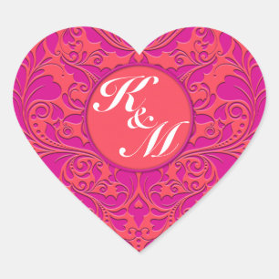 HeartyParty Himbeere und Magenta Damask Herz Herz-Aufkleber