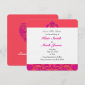 HeartyParty Himbeere und Magenta Damask Herz Save The Date (Vorne/Hinten)
