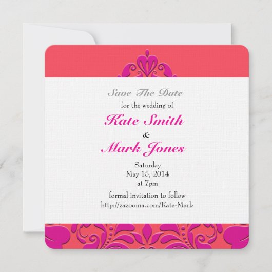 HeartyParty Himbeere und Magenta Damask Herz Save The Date (Vorderseite)