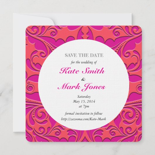 HeartyParty Himbeere und Magenta Damask Herz Save The Date (Vorderseite)