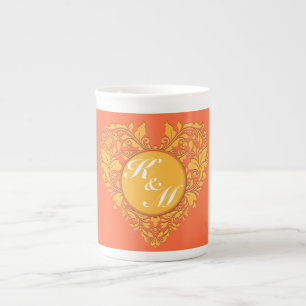 HeartyParty Orange and Yellow Damask Herz Porzellantasse