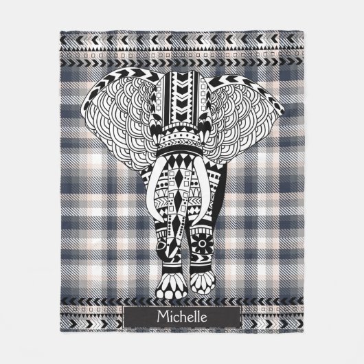 Heather Gray Cream Kariert Tribal Gemustert Elepha Fleecedecke (Vorderseite)