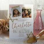 Heather Mauve Pink, Beige, Clay Bat Mitzvah Einladung<br><div class="desc">Scrapbook Stil Bat Mitzvah Einladung mit einem staubigen rosa Hintergrund. Niedliche quadratische Fotos mit glitzerndem Scrapband und David-Kunstwerk auf zerbrochenem Papier sind ein wunderschönes Vintages Aussehen für Ihre Geburtstagsfeier. Foto-Beschriftungen können in jede beliebige Wortwahl geändert werden. Lade deine Fotos einfach in die Fotorahmen hoch. Die Einladungen in Lila, Rosa und...</div>