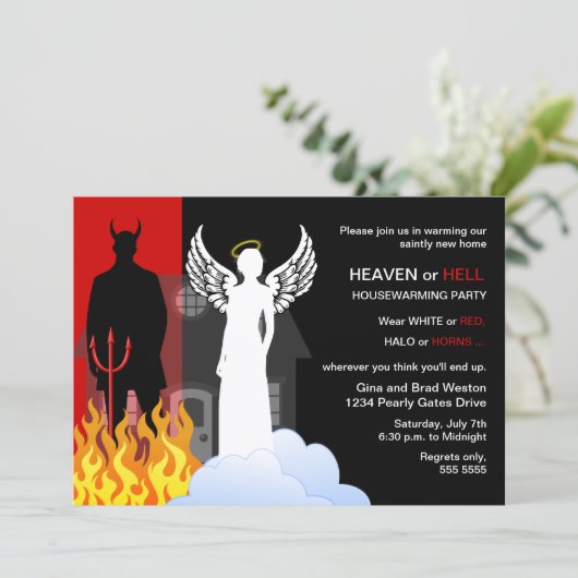 Heaven oder Hell Housewarming Party Einladung (Stehend Vorderseite)
