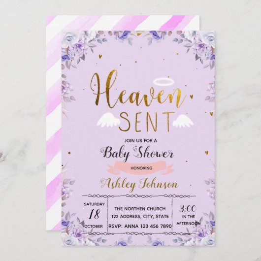 Heaven schickte Mädchen lila Einladung (Vorne/Hinten)