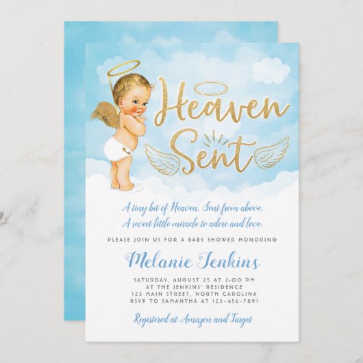 Heaven Sent Angel Boy Baby Dusche Einladung (Vorne/Hinten)
