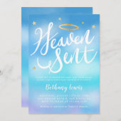 Heaven Sent Angel Gold Halo Blue Baby Dusche Einladung (Vorne/Hinten)