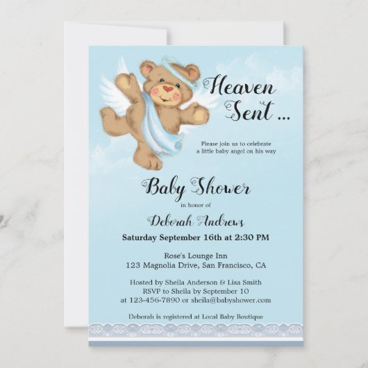 Heaven Sent Angel Wings Boy Baby Shower Einladung (Vorderseite)