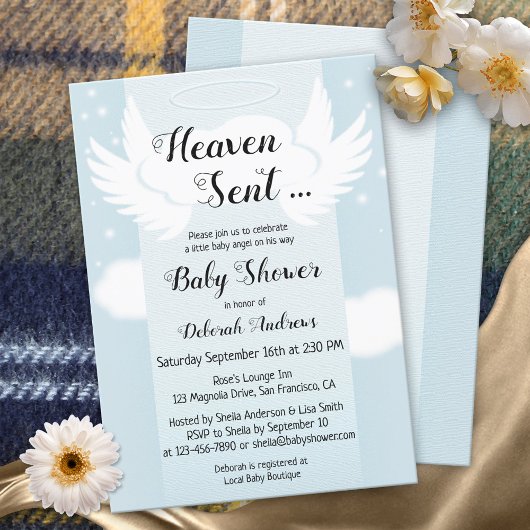 Heaven Sent Angel Wings Boy Baby Shower Einladung