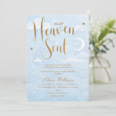 Heaven Sent Baby Dusche Blau und Gold Einladung (Stehend Vorderseite)