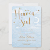 Heaven Sent Baby Dusche Blau und Gold Einladung (Vorderseite)