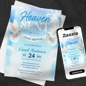 Heaven Sent Blue and White Dove Baby Dusche Einladung