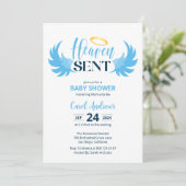 Heaven Sent Blue Angel Wings Baby Dusche Einladung (Stehend Vorderseite)