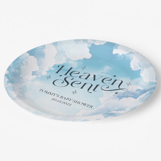 Heaven Sent Blue Sky Clouds Baby Dusche Custom Pappteller (Schrägansicht)