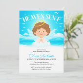 Heaven Sent Boy Niedlich Angel Blue Baby Dusche Einladung (Stehend Vorderseite)