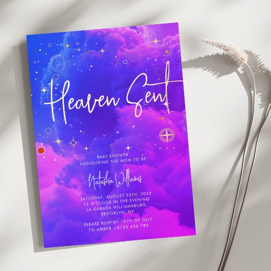 Heaven Sent Celestial Pink und Blue Baby Dusche Folieneinladung