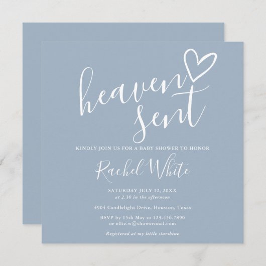 Heaven Sent Dusty Blue Boy Baby Dusche Einladung (Vorne/Hinten)