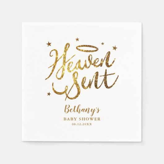 Heaven Sent Elegante Baby Dusche Gold Glitzer Serviette (Vorderseite)