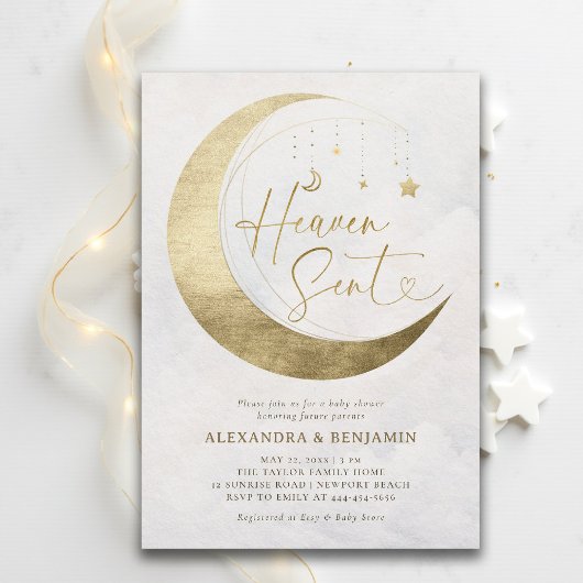 Heaven Sent Moon Gold White Sky Coed Baby Shower Einladung