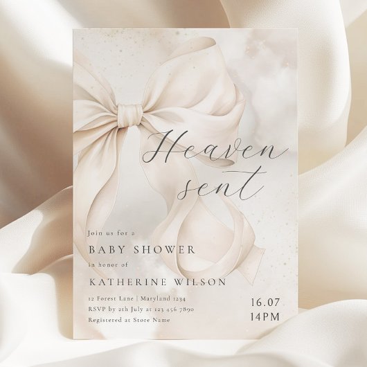 Heaven Sent Neutral Bow Baby Shower Invitation Einladung